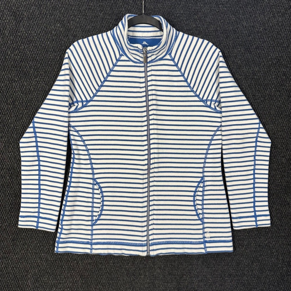 Tommy Bahama Full Zip Sweatshirt Womens M Blue White Striped Mock Neck Stretch